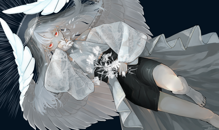 Angel with white wings and red eyes