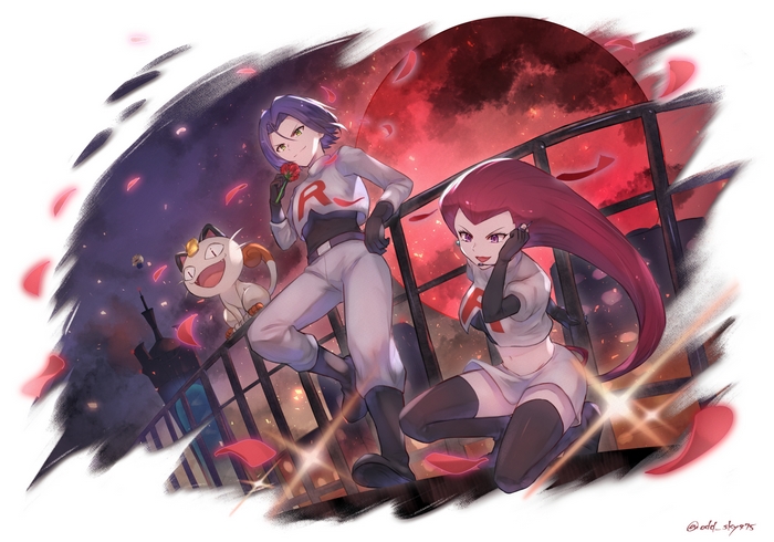 Team Rocket's Jessie, James, and Meowth under a red moon