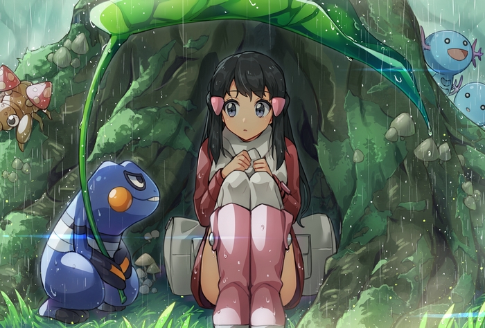 Dawn and Pokémon sheltering from rain under a leaf
