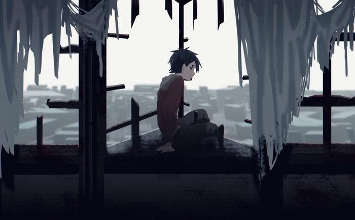 Hibiki from Pokémon sitting on a rooftop