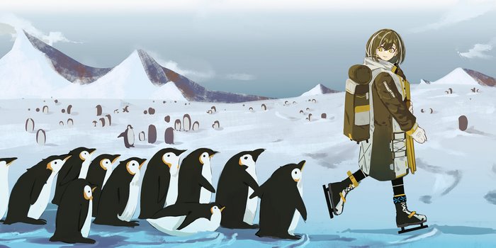 Magallan and penguins on an icy landscape