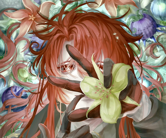 Diluc from Genshin Impact with flowers