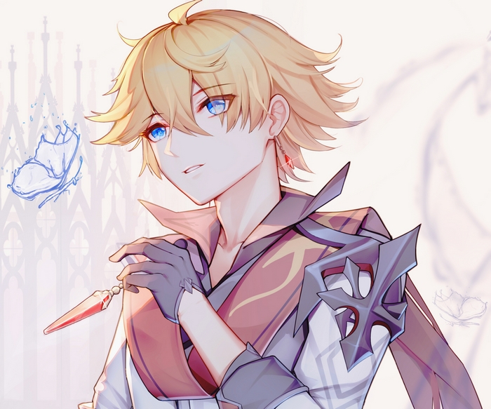 Childe from Genshin Impact with a butterfly