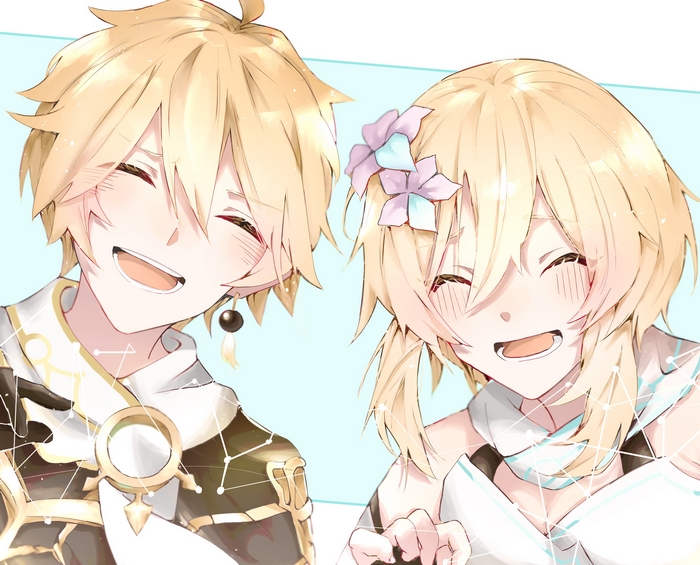 Aether and Lumine from Genshin Impact smiling