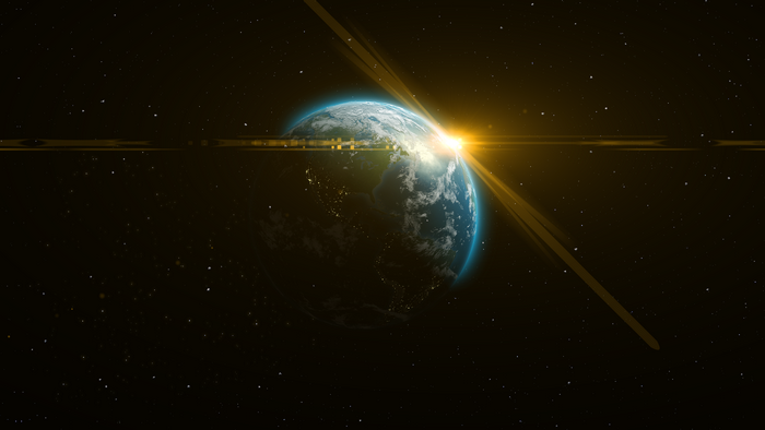 Earth from Space with Sunrise and Rings