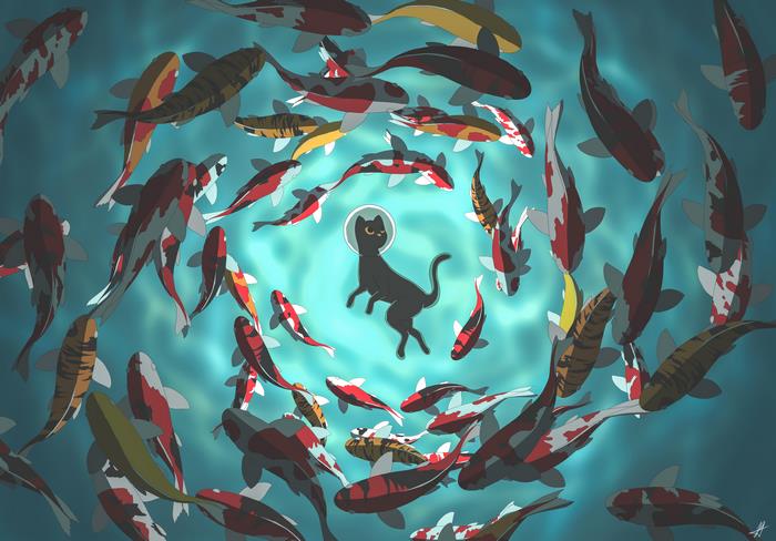 Black cat in a space helmet surrounded by koi fish