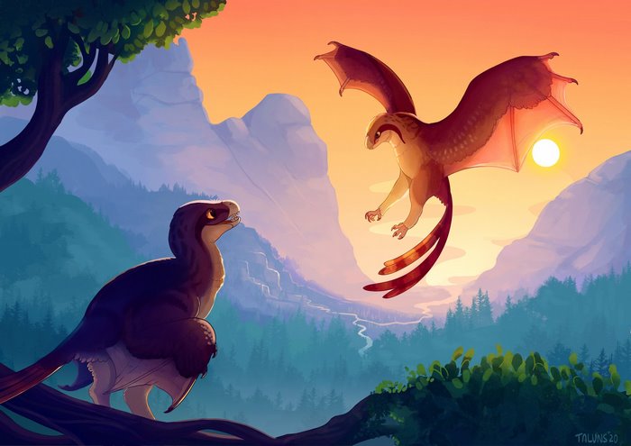 Two dinosaurs in a mountainous forest at sunset