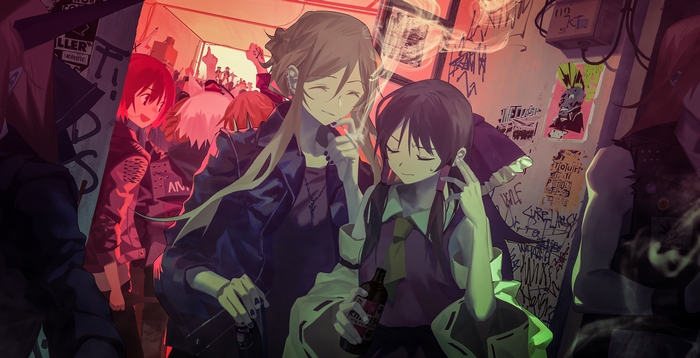 Touhou characters in a crowded, graffiti-covered space