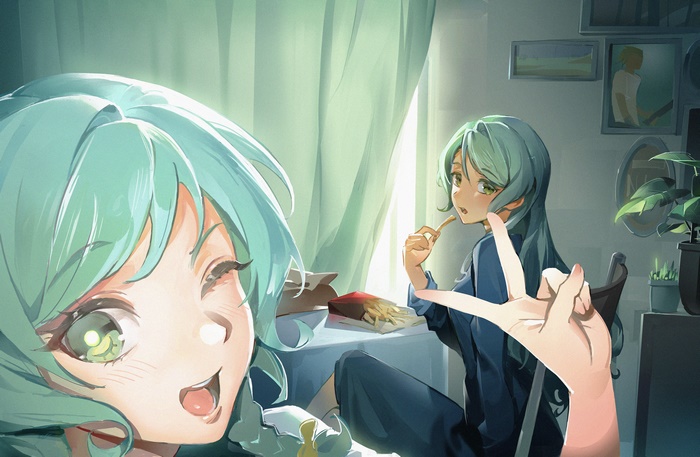 Hina Hikawa and Sayo Hikawa eating fries