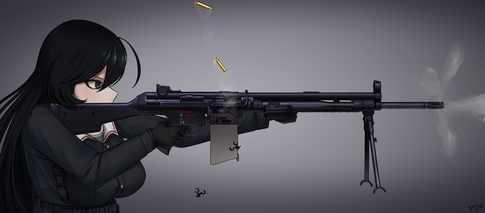 Hana Isuzu firing a machine gun