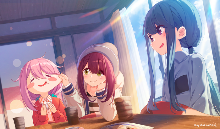 Nadeshiko Kagamihara, Ayano Toki, and Rin Shima enjoying a meal