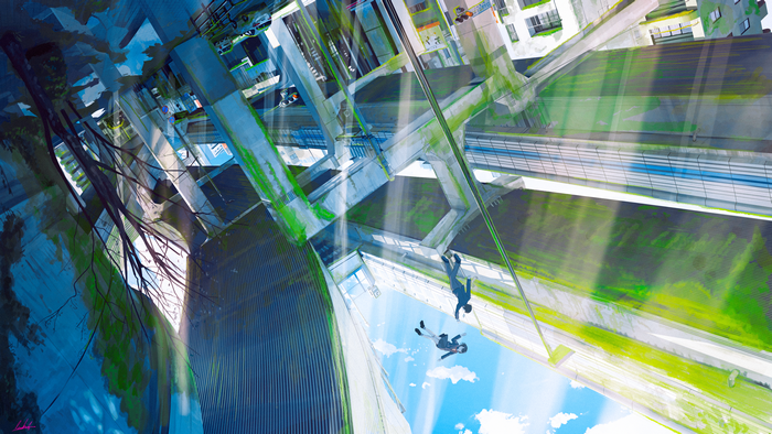 Two people falling in a futuristic city