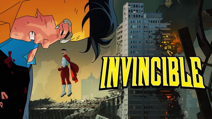 Invincible Logo with Omni-Man and Destroyed City