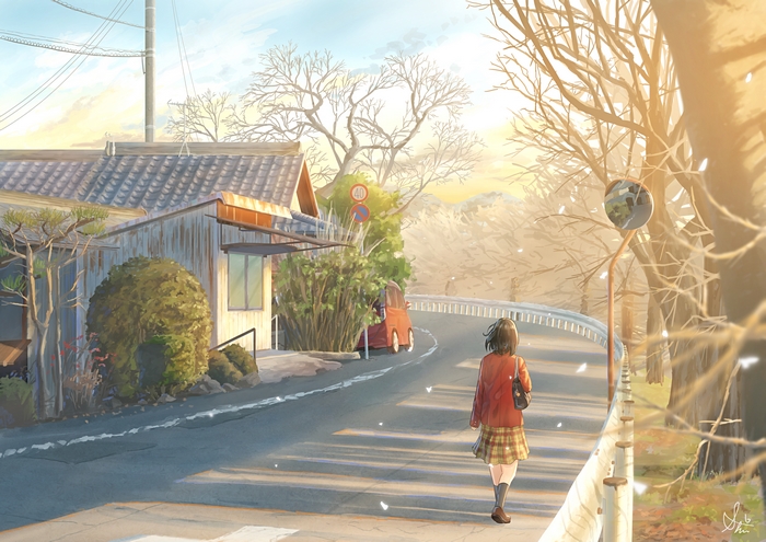 Girl walking on a street with winter light