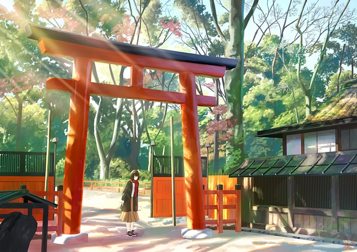 Girl in front of a Torii gate