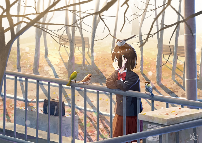 Girl with birds in a park