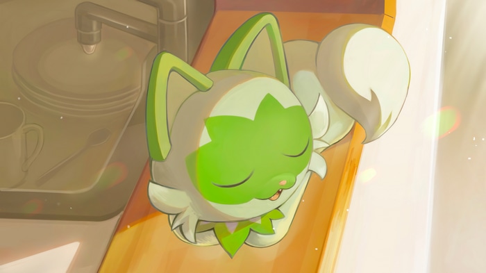 Sprigatito sleeping near a sink