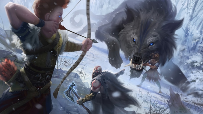 God of War Ragnarok: Kratos and Atreus battle a wolf