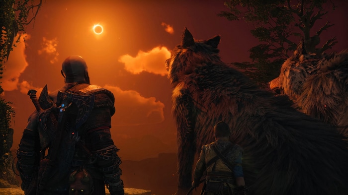 God of War Ragnarok Kratos and Fenrir under eclipse