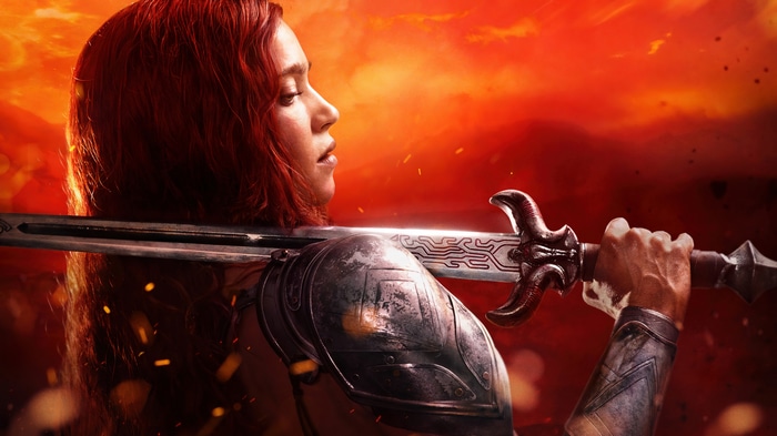 Red Sonja with Sword in Fiery Background 4K