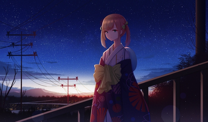 Girl in Yukata under a Starry Night Sky