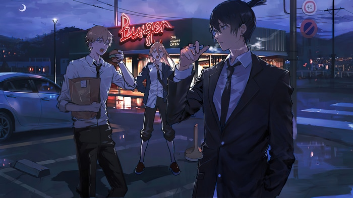 Chainsaw Man: Denji, Power, and Aki at a Burger Joint
