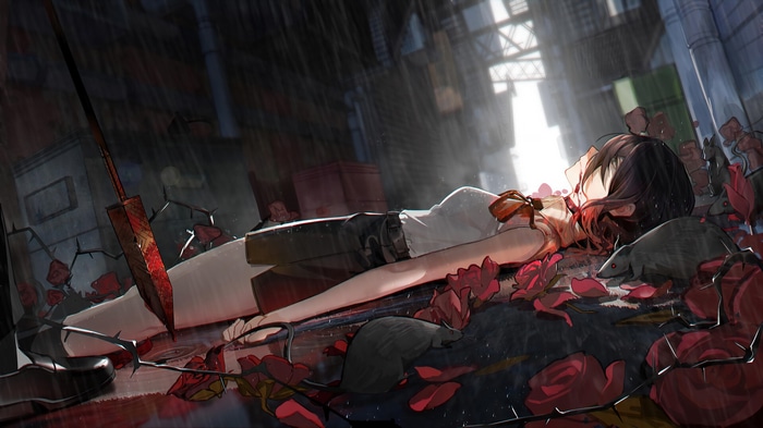 Reze from Chainsaw Man lying in the rain