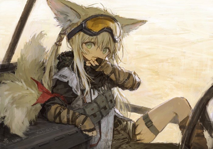 Suzuran from Arknights in a desert vehicle