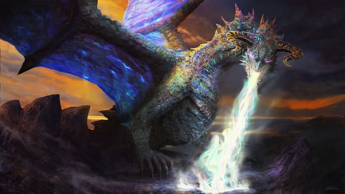 Dragon breathing fire in a fantasy landscape 4K