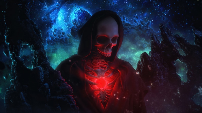 Skeleton with glowing red heart in space