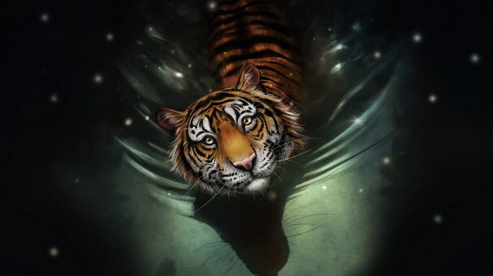 Tiger in dark water with glowing lights