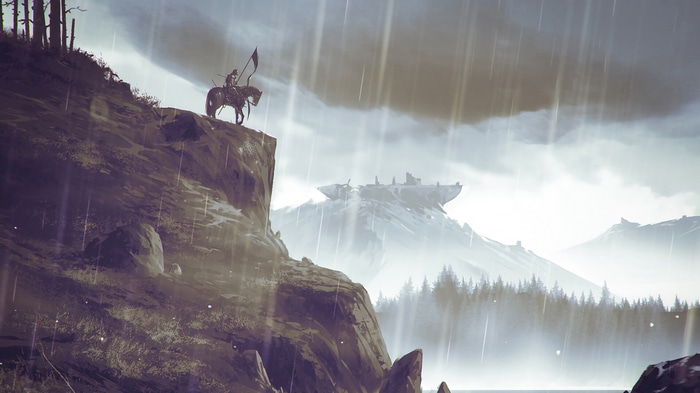 Warrior on horseback on a cliff in the rain