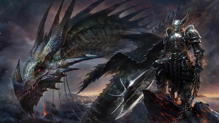 Dragon and armored warrior in a fantasy landscape 4K