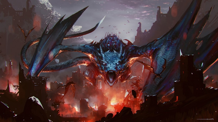 Dragon attacking a ruined city 4K