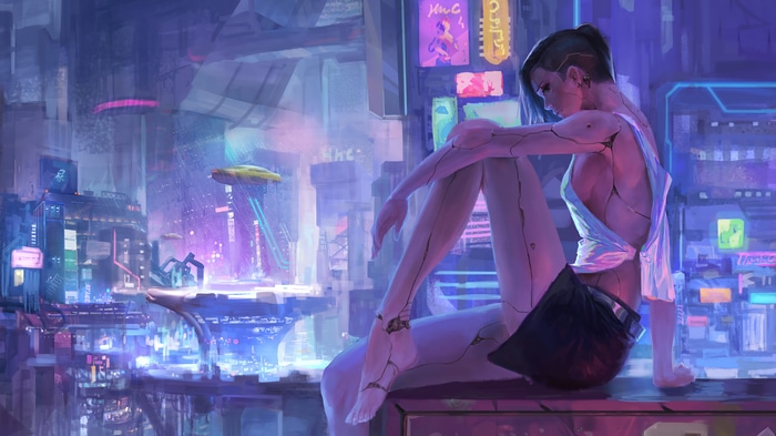 Cyberpunk girl with mechanical limbs in a neon city 4K