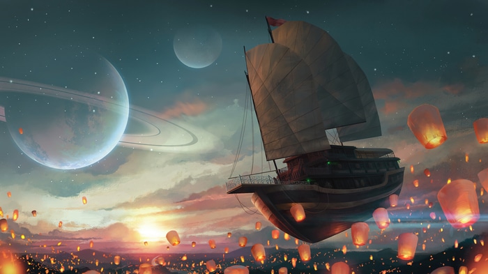 Digital Art of a Ship and Sky Lanterns 4K