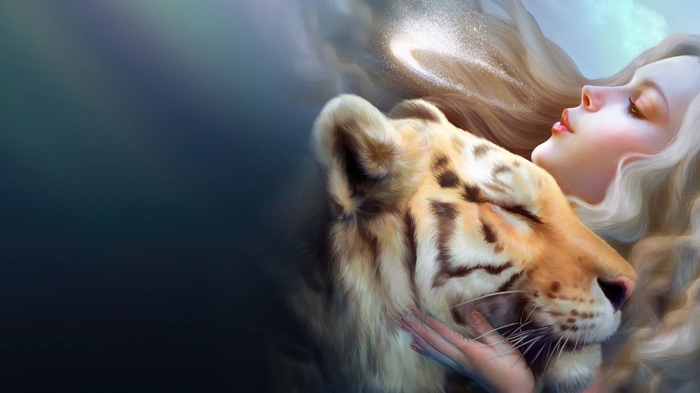 Girl and Tiger in Fantasy Digital Art 4K