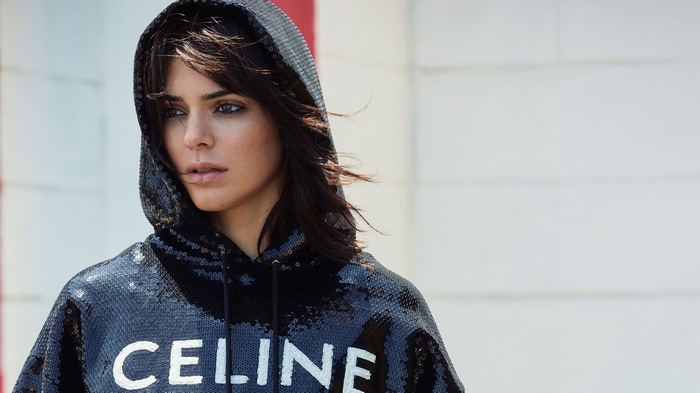 Kendall Jenner in a sequined Celine hoodie