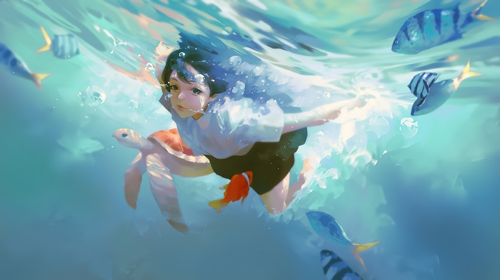 Anime Girl Swimming Underwater with Turtle and Fish 4K
