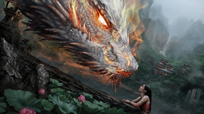 Fantasy Dragon and Girl in a Misty Landscape 4K