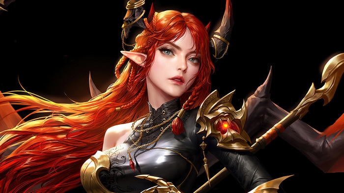 League of Angels Warrior with Red Hair and Horns 4K