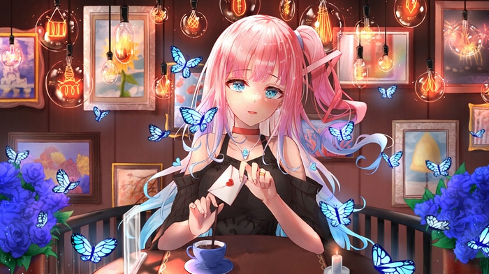 Anime Girl Yumesaki Mia with Butterflies 4K