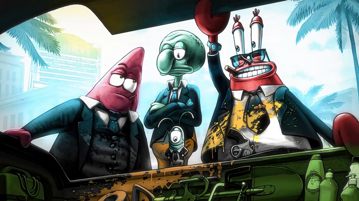 Mr. Krabs, Patrick Star, Squidward, and Plankton in Suits 4K