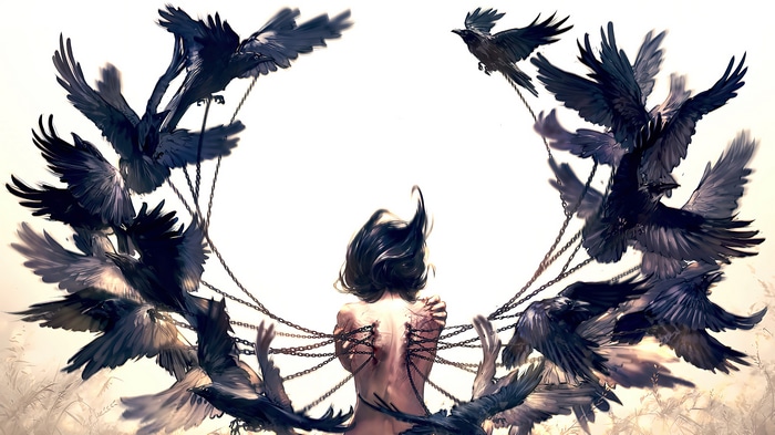 Girl chained with crows in 4K