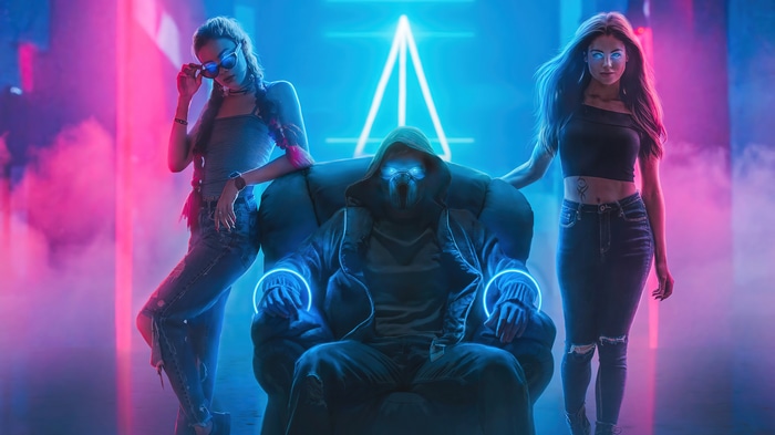 Sci-Fi Neon Club with Masked Figure and Girls 4K