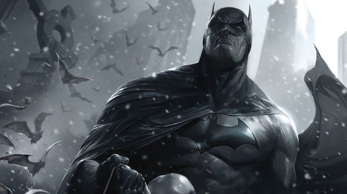 Batman in a snowy city with bats