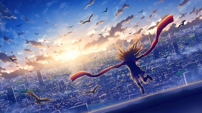 Anime Girl with Red Scarf Over City at Sunrise 4K