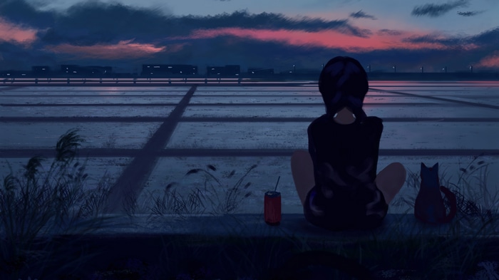 Anime Girl and Cat Watching Sunset 4K