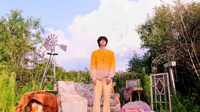 Jin from BTS in a whimsical outdoor setting