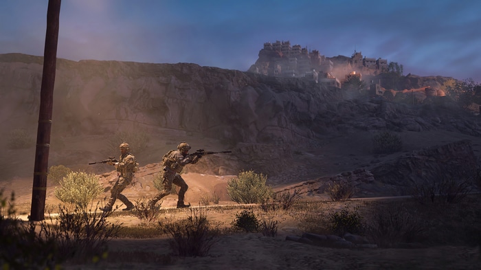 Soldiers advancing towards a settlement in Call of Duty: Modern Warfare 2 4K